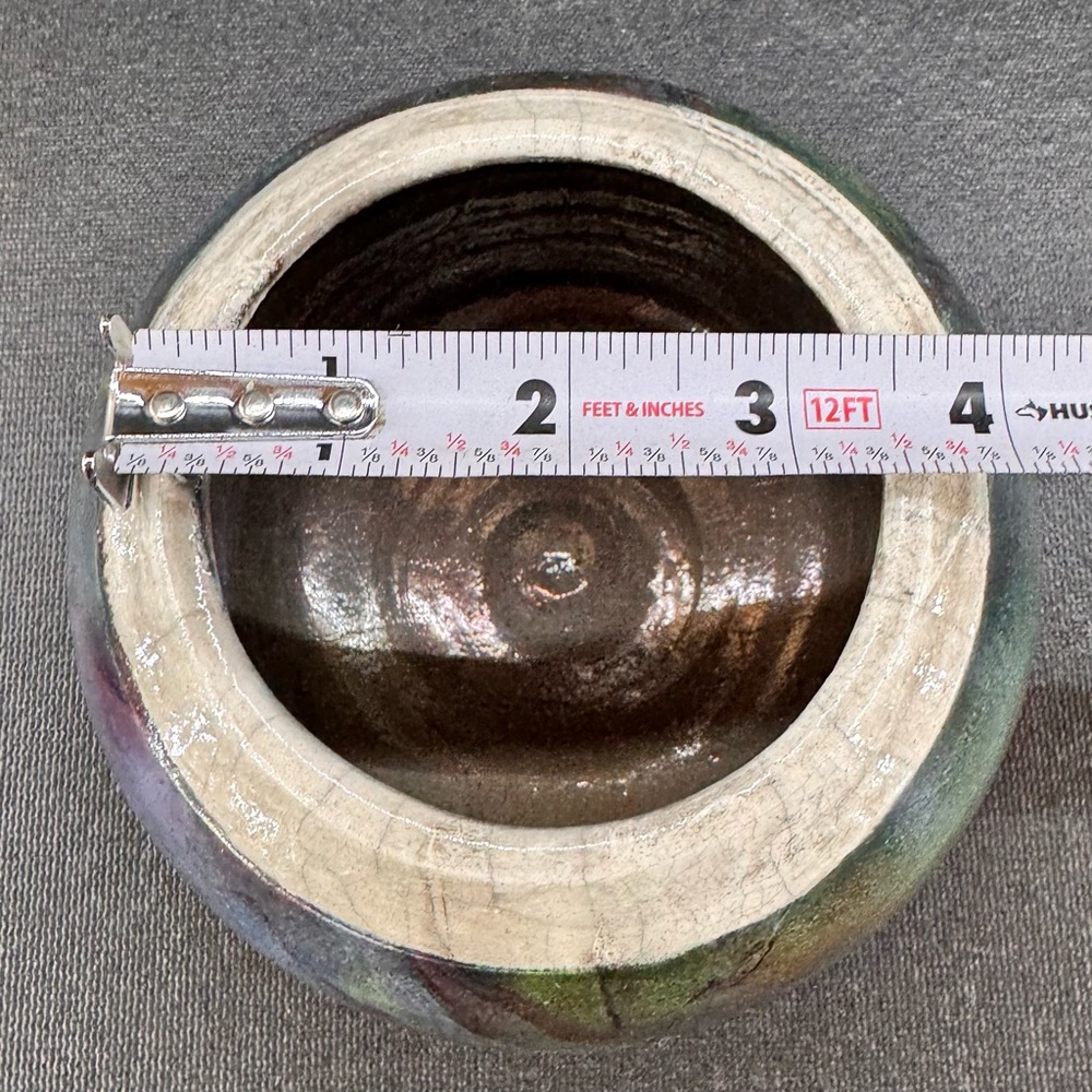 Iridescent Raku Pottery Vase Bowl Artist Signed 4” Diameter - Picture 8 of 8